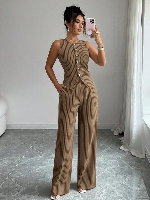 Grabora Womens Retro Striped Vest and Wide-Leg Pants Set