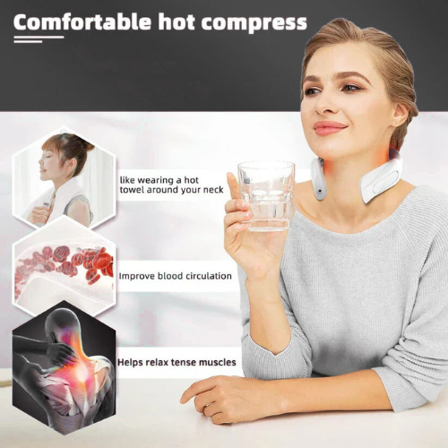 Woman using Grabora heated neck massager for hot compress therapy to relax tense muscles and improve blood circulation at home