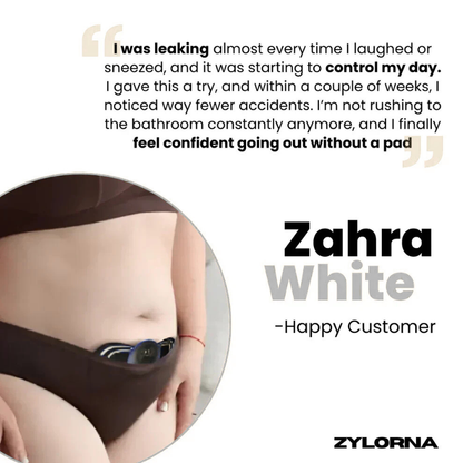 Discreet pelvic floor trainer worn under clothing for comfortable daily muscle training