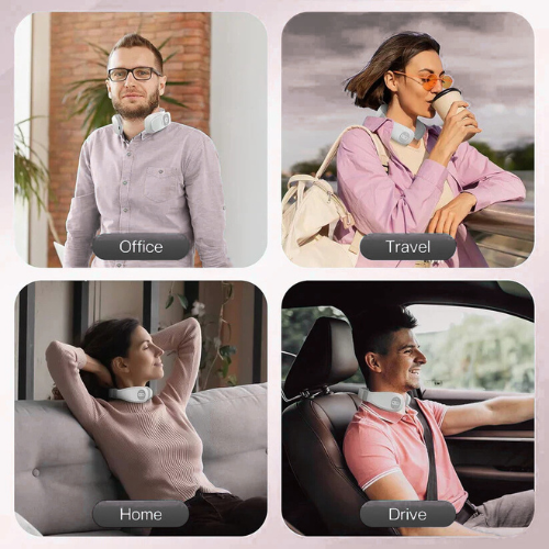 People using a neck massager in different positions for relaxation at home and work
