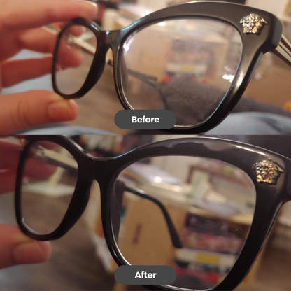Close-up of eyeglasses lenses before ultrasonic cleaning