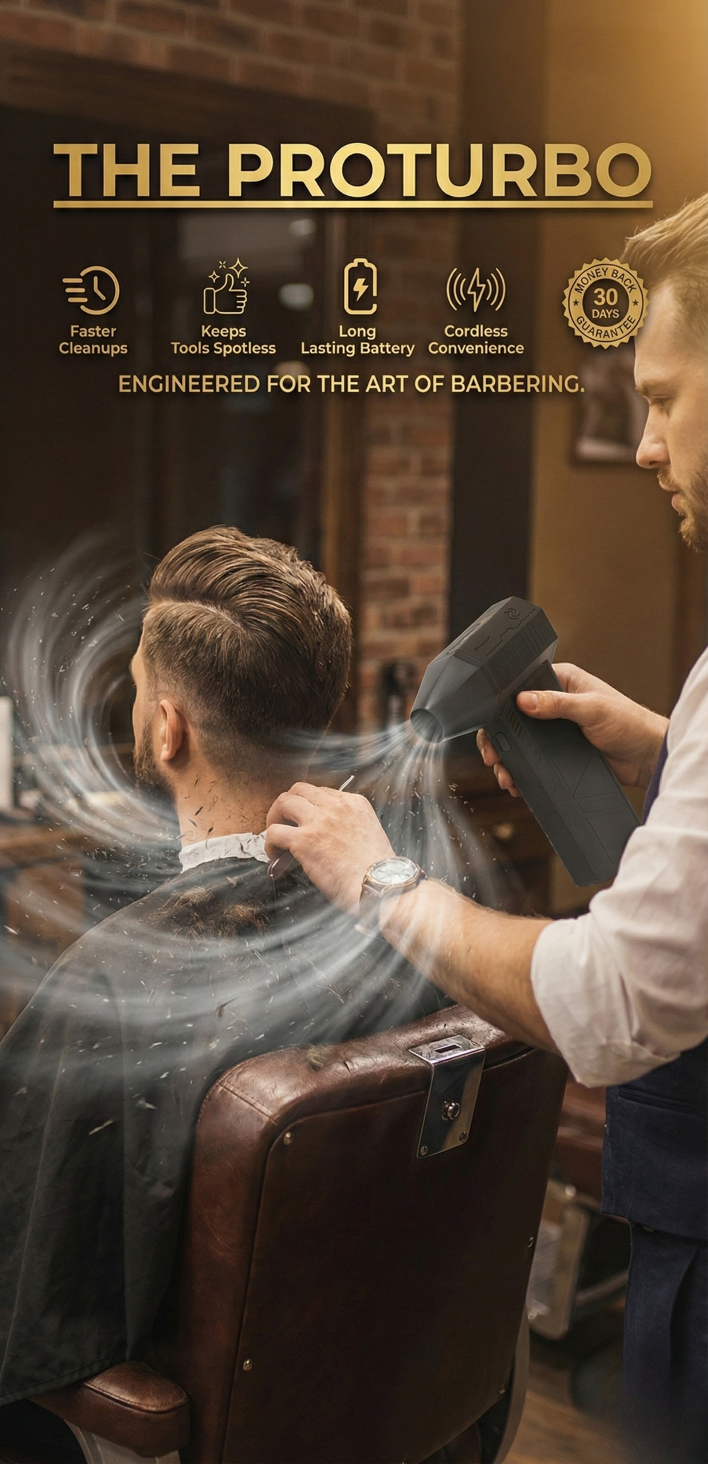 Barber using ProTurbo cordless hair vacuum blower to remove loose hair after a haircut for a clean finish