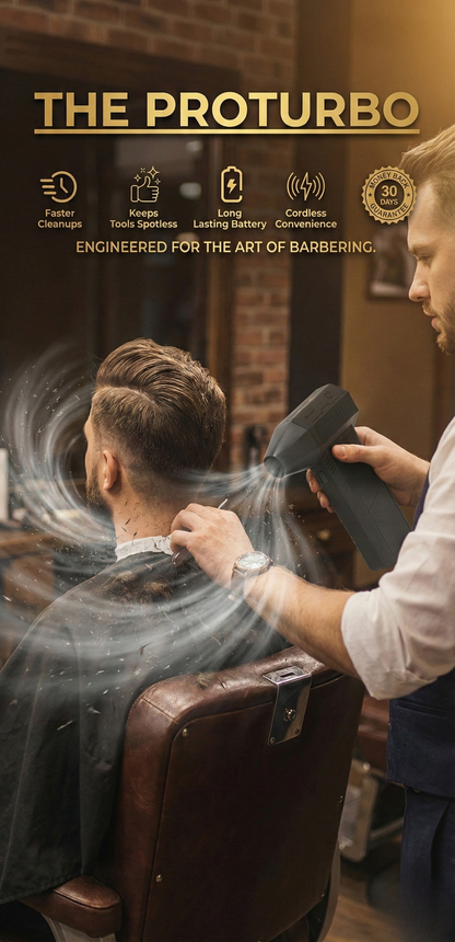 Barber using ProTurbo cordless hair vacuum blower to remove loose hair after a haircut for a clean finish