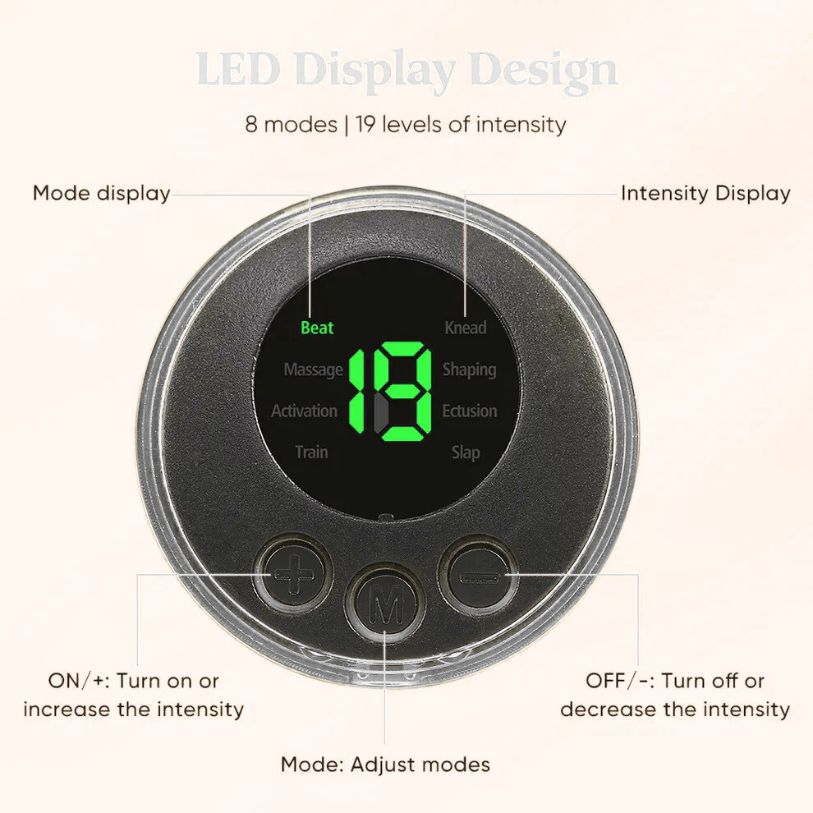 Pelvic floor trainer digital control unit showing intensity levels for muscle stimulation training