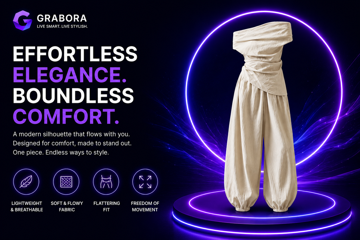 Grabora Womens Off-Shoulder Top and Lantern Pants Set - Product Details 1