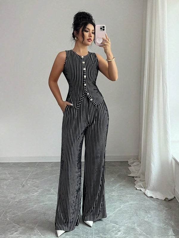 Grabora Womens Retro Striped Vest and Wide-Leg Pants Set