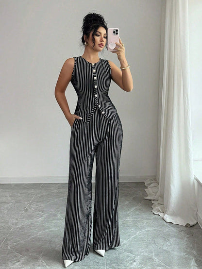 Grabora Womens Retro Striped Vest and Wide-Leg Pants Set