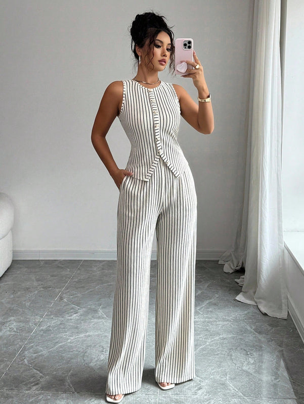 Grabora Womens Retro Striped Vest and Wide-Leg Pants Set
