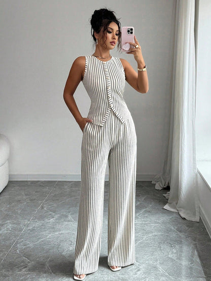 Grabora Womens Retro Striped Vest and Wide-Leg Pants Set