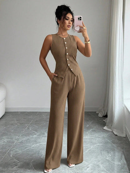 Grabora Womens Retro Striped Vest and Wide-Leg Pants Set