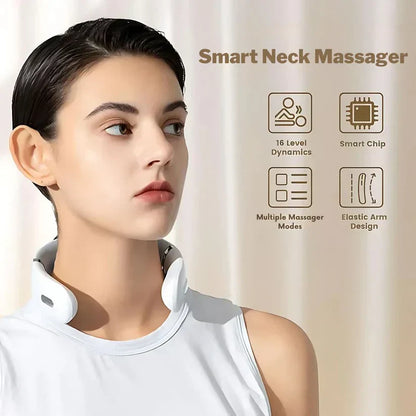 Woman wearing neck massager demonstrating hands-free comfort and ease of use
