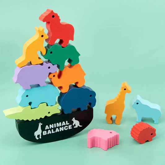 Montessori animal balance toy with colorful wooden animals stacked for balance learning