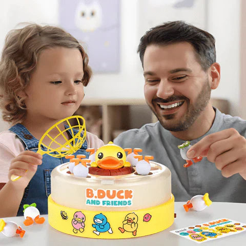 Child playing DuckDash jumping ducks game with parent, interactive kids toy for active play and bonding