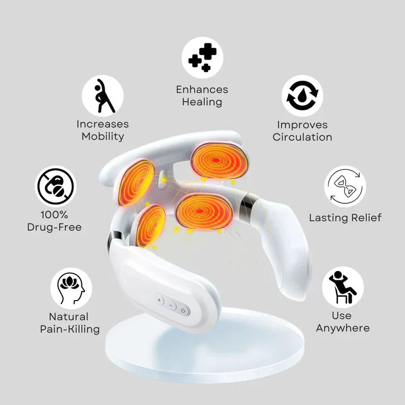 Grabora neck massager showing heat therapy zones that improve circulation, enhance healing, increase mobility, and provide drug-free pain relief
