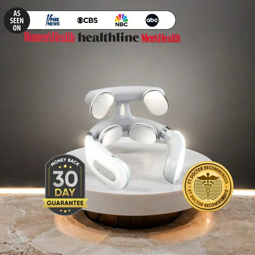 Grabora neck massager device displayed with modern design and relaxation concept
